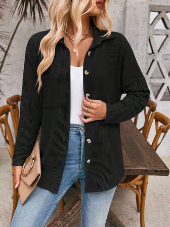 Black Long Sleeve Button-Up Shirt With Patch Pockets