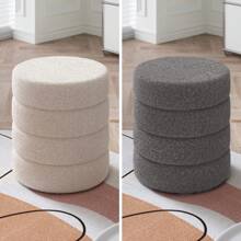 LIVINGANDHOME Living And Home Plush Round Channel Ottoman In Luxurious Teddy Bear Fur - Soft 43cm Footrest And Seat With 120kg Capacity - Available In Elegant White Or Grey - White - View 7