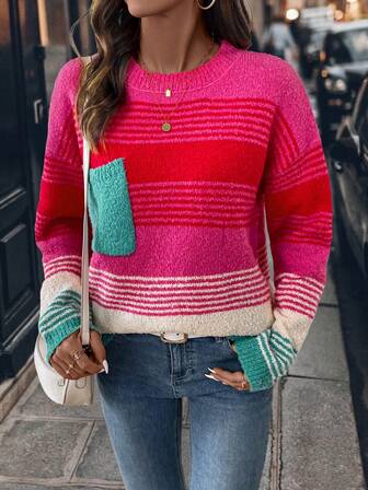 女士秋冬新款撞色条纹口袋插肩毛衣