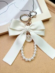 包袋吊坠、包袋配件人造珍珠钥匙扣、可爱人造珍珠串珠手链钥匙扣、女士和女孩的复古饰品、钱包、背包、汽车饰品、丝带珍珠吊坠、情人节礼物创意 - 米色 - 查看 7