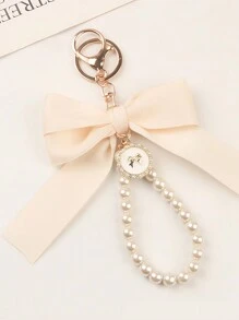 包袋吊坠、包袋配件人造珍珠钥匙扣、可爱人造珍珠串珠手链钥匙扣、女士和女孩的复古饰品、钱包、背包、汽车饰品、丝带珍珠吊坠、情人节礼物创意 - 米色 - 查看 5