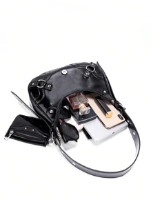 女士韩版朋克风格休闲单肩包 - 黑色 - 查看 8