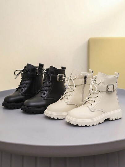 1 pereche de cizme din piele neagră pentru copii mici, cu șireturi în față, fermoar lateral, cataramă metalică, vârf rotund, moale, plate, anti-alunecare, cizme drăguțe și confortabile, potrivite pentru băieți și fete de 3-12 ani, toamnă/iarnă nou