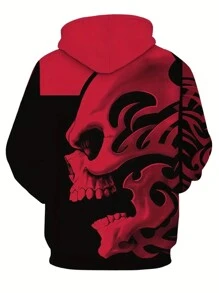 男士 3D 骷髅印花连帽运动衫 - 柔软略有弹性的涤纶面料，宽松版型，可机洗，超大设计，适合秋冬季 - 舒适的连帽衫，适合休闲穿着