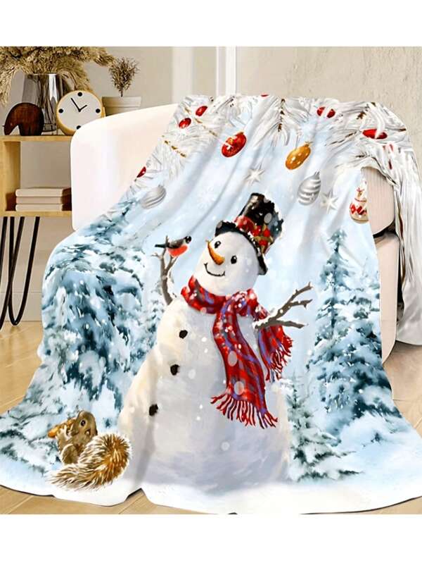 1pc Cartoon Snowman Pattern Flannel Blanket, Home Room Decor, Picnic, Travel, Plush Throw Blanket, Cozy For Autumn, Gift For Family, Friends, Christmas