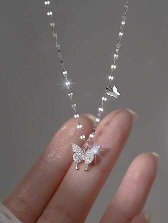 1 pezzo Elegante collana in argento sterling S925 per le donne - Ciondolo farfalla di lusso con nappe, catena clavicolare, regalo per la ragazza/festa