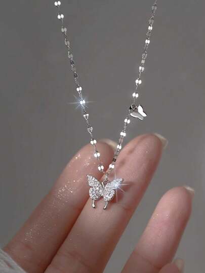 1 pieza Elegante collar de plata de ley S925 para mujeres - Colgante de lujo de mariposa con borla y cadena para clavícula, regalo para novia/fiesta