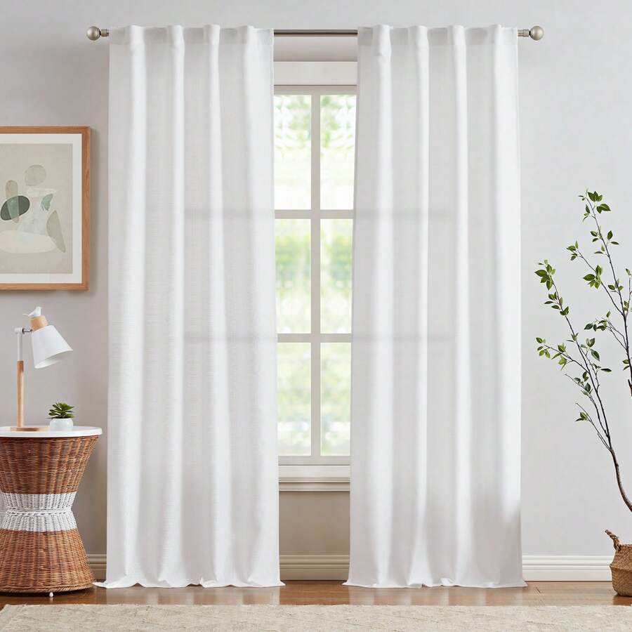 Vangao Linen Textured Farmhouse Curtains For Living Room Bedroom Back Tab Rod Pocket Light Filtering Window Drapes 2 Panels - White - View 1