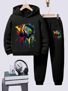 Bộ quần áo hoodie ấm áp in hình tai nghe thường ngày cho bé trai tuổi teen, mùa thu/đông - màu đen - Xem 1
