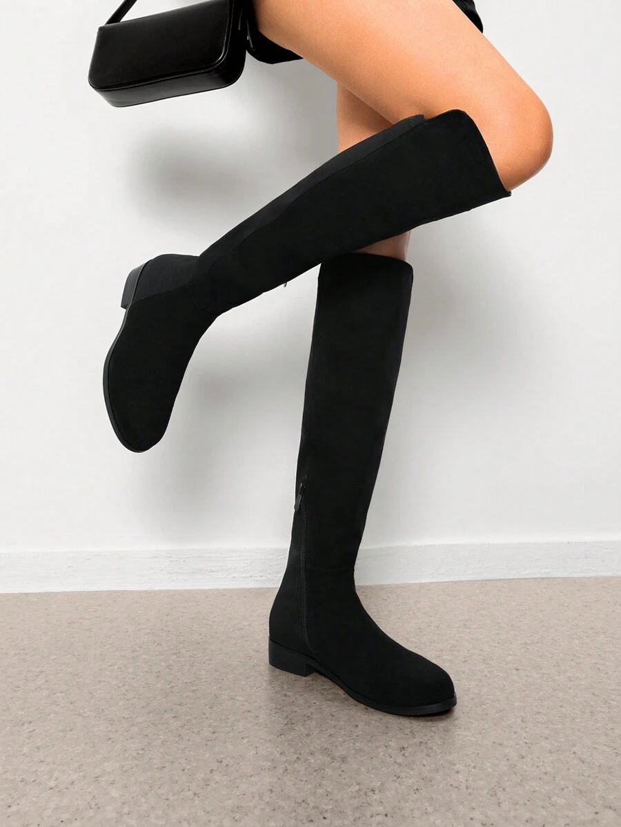 Women Reserve Tall Boots, Flat Low Heel Stretchy Knee High Boots Comfortable Round Toe Suede Slouch Side Zipper Fashionable Solid Color Boots - DA LỘN MÀU ĐEN - Xem 1
