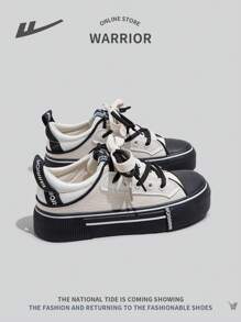 WARRIOR 女士运动风格厚底帆布运动鞋，拼色系带低帮休闲舒适防滑硫化鞋 - 米色 - 查看 8