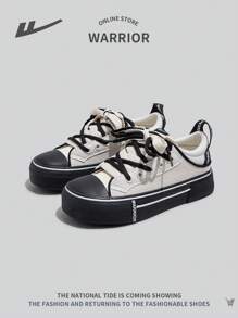 WARRIOR 女士运动风格厚底帆布运动鞋，拼色系带低帮休闲舒适防滑硫化鞋 - 米色 - 查看 5