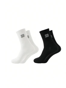 2 Pairs Men's Embroidered Number Mid-Calf Socks Suitable For Daily Use