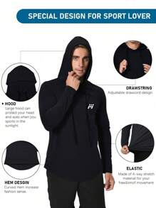 Running Boyfriend Style Men Raglan Sleeve Drawstring Hooded Sports Sweatshirt - Black - View 3