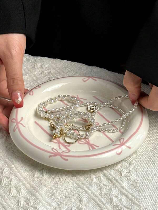 1pc Nordic Style Ceramic Bow Jewelry Tray, High-End Home Decor Trinket Dish, Necklace Holder, Candle Holder, Key Organizer Tray, Home Accessory, Gift For Boyfriend/Girlfriend, Birthday, Party