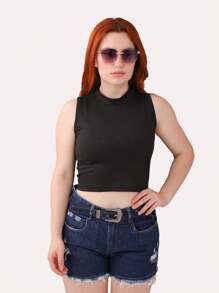 Kit Of 3 Women's Cropped Ribbed Blouses, High Neck, Sleeveless, Hollow Out Tank Top - Nhiều màu - Xem 3