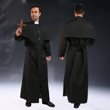 男士牧师服装 角色扮演 成人派对服装 中世纪牧师服装 - 黑色 - 查看 1