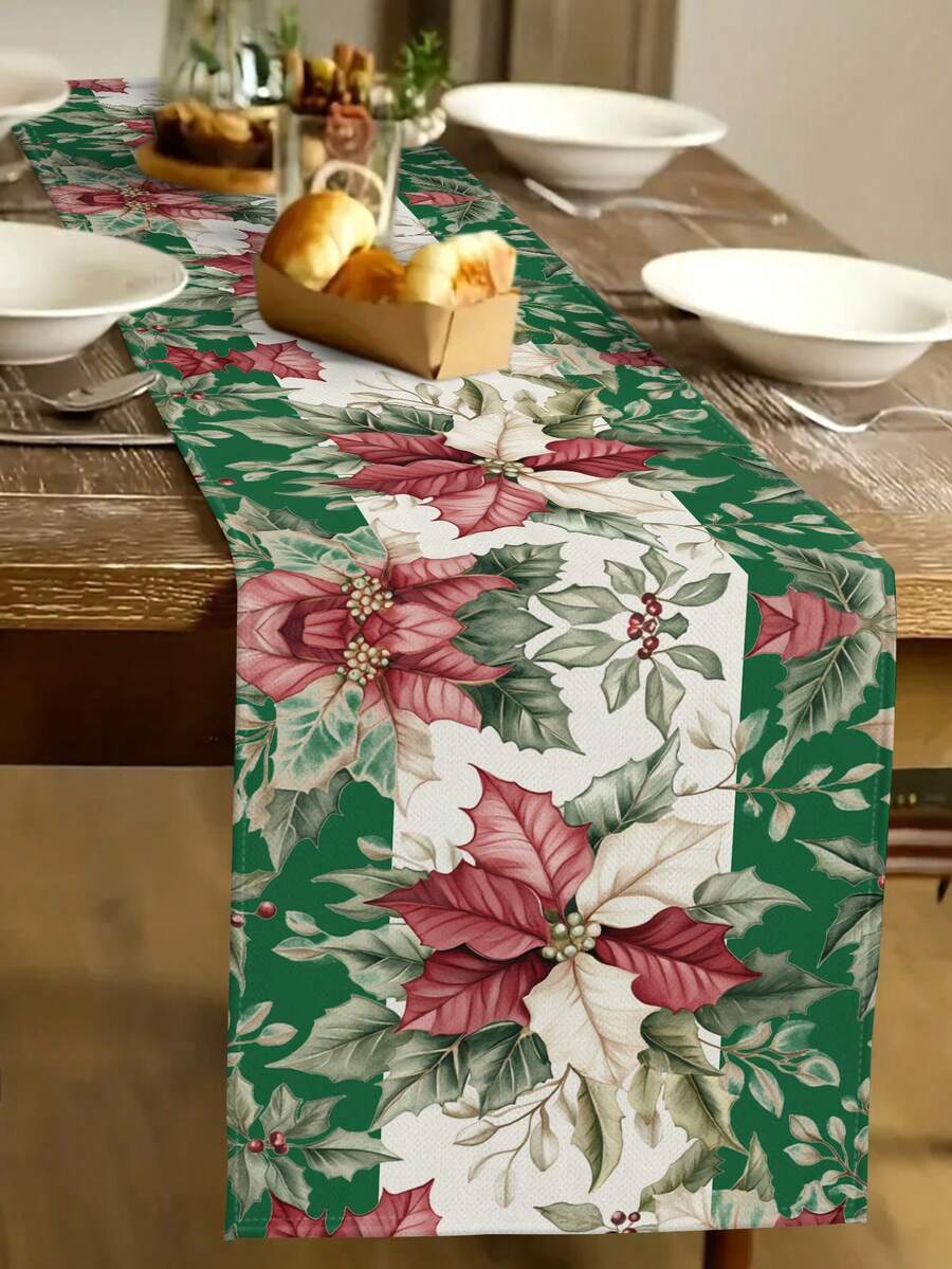 1 件绿色圣诞花卉图案桌旗，圣诞家居装饰桌旗，室内户外派对用品，房间装饰。适用于圣诞节家庭厨房装饰和圣诞节活动派对装饰 - 彩色 - 查看 1
