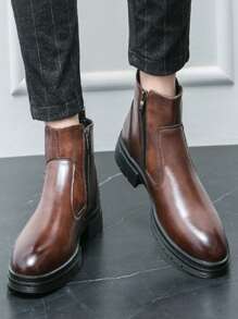 Match Jeans,2024 Autumn Winter New Men's Chelsea Boots High-Top Zipper Leather Boots Mid-Calf Short Boots Warm Thick Bottom Stylish Groom Wedding Shoes - Brown - View 6