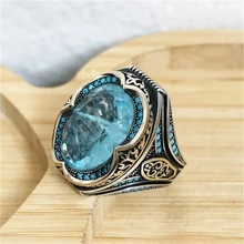 Handmade Vintage Blue Cubic Zirconia Ring - Antique Silver Plated, Fashionable Islamic Jewelry