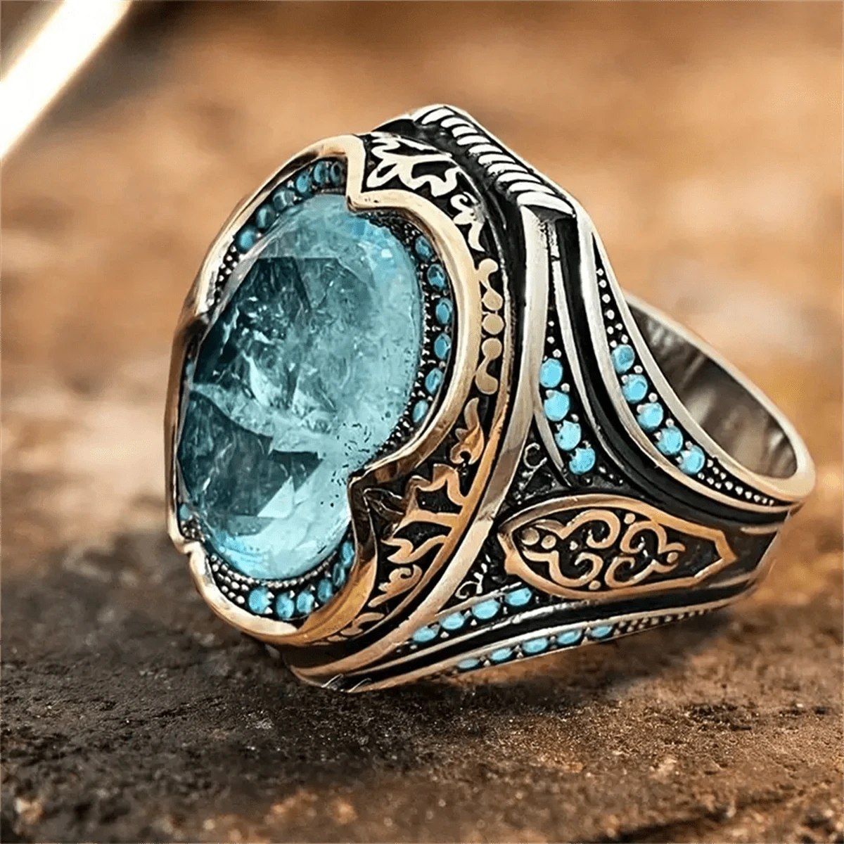 Handmade Vintage Blue Cubic Zirconia Ring - Antique Silver Plated, Fashionable Islamic Jewelry