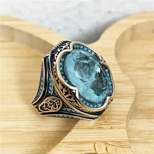 Handmade Vintage Blue Cubic Zirconia Ring - Antique Silver Plated, Fashionable Islamic Jewelry