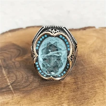 Handmade Vintage Blue Cubic Zirconia Ring - Antique Silver Plated, Fashionable Islamic Jewelry