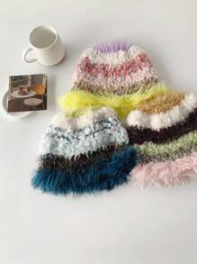 1 件女式彩虹扎染条纹毛边针织渔夫帽，韩式无檐便帽，适合冬季秋季日常佩戴 - 彩色 - 查看 11