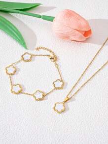 2pcs Dreamy Five-Leaf Clover Necklace & Bracelet Set, French Style Fashionable Minimalist Jewelry For Women Valentines,Mom,Mother,Mother's Day,Gift