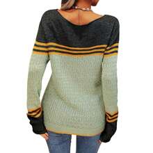 Women Autumn Winter Colorblock Pullover Sweaters Round Neck Striped Slim Fitting Knitwear Tops - màu xanh lá cây nhạt - Xem 4