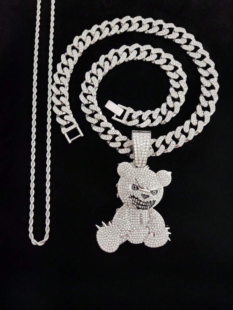 1pc Creative Fashion Angry Bear Shape Pendant Necklace, Suitable For Daily Wear Or Party, 2 Chain Style Options Available - Silver - View 1