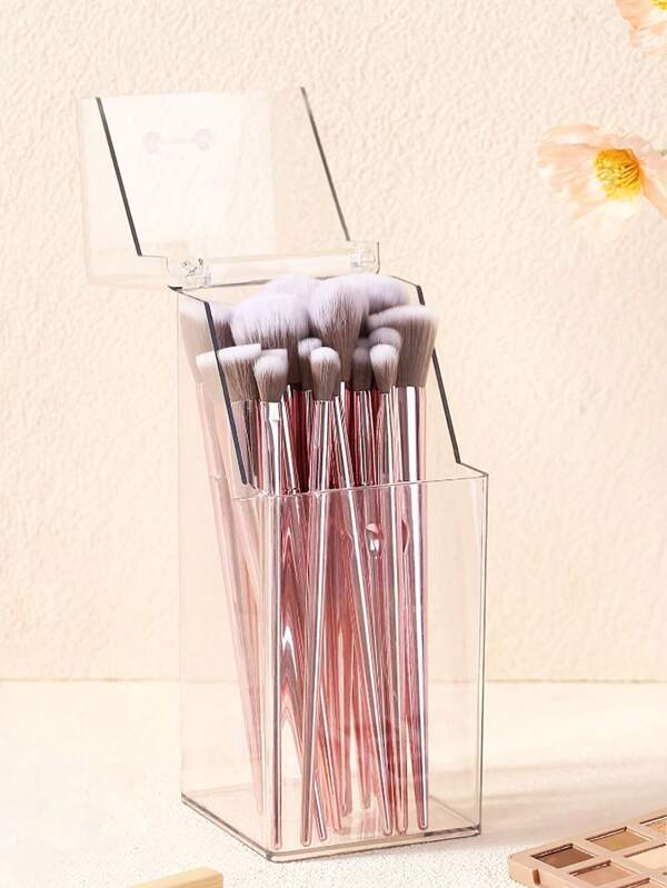 2 Pieces/1 Piece, Transparent Desktop Organizer With Cover, Makeup Brush And Pen Holder, Dust-Proof Storage Box For Cosmetics, Stationery, And Small Items, Multi-Functional Stand Makeup Brush Holder For Home And Office Use, With Dust-Proof Cover, Acrylic Makeup Storage Box, Large Capacity Vanity Brush Holder,For Holiday Beach, Bathroom Collection, Bedroom Collection, Large Capacity