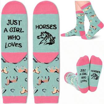 1 Pair Unisex "Just A Girl Who Loves Horses" English Letter Horse Print Mid-Calf Socks, Soft, Comfortable, Moisture-Wicking, Odor-Resistant, Warm For Autumn/Winter, Fall Socks