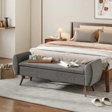 LIVINGANDHOME Living And Home Linen Upholstered Storage Bench - 151cm W x 47cm D x 55cm H  Grey - View 3