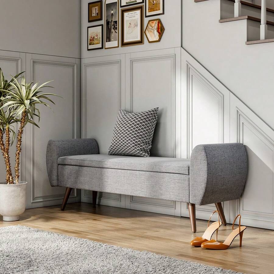 LIVINGANDHOME Living And Home Linen Upholstered Storage Bench - 151cm W x 47cm D x 55cm H Grey - View 1