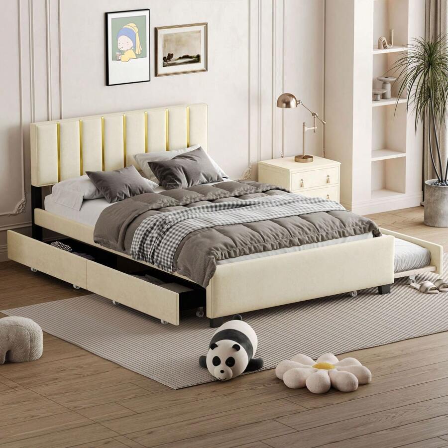 Queen Size Upholstered Platform Bed With 2 Drawers And 1 Trundle, Classic Metal Strip Headboard Design, Beige
