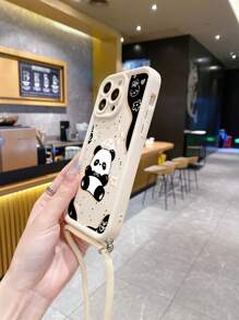 1pc Minimalist Panda Sunbathing Pattern Beige Thick Shockproof Lens Full Coverage Protective Phone Case, Fashionable Choice For Users, Compatible With Apple///Infinix/Vivo/Oppo - Beige - View 5
