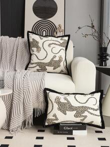 1 件/2 件豹纹抱枕套，雪尼尔提花面料，滚边，现代北欧动物图案，适合客厅、卧室、沙发、花园派对，四季皆宜，无枕芯，12 英寸 X 20 英寸，18 英寸 X 18 英寸 - 黑與白 - 查看 2