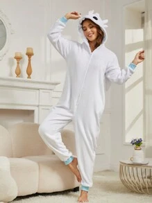 Bộ đồ ngủ hình rồng dành cho người lớn nhân dịp Lễ Tình nhân, bộ đồ ngủ liền thân giữ ấm họa tiết động vật cho mùa thu đông, trang phục dự tiệc vui nhộn, bộ đồ ngủ Giáng sinh đồng bộ cho cả gia đình. - trắng - Xem 3