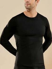男士保暖内衣 2 件套 - 长袖圆领上衣和下装，纯色打底衣，适合冬季户外滑雪 - 黑色 - 查看 2