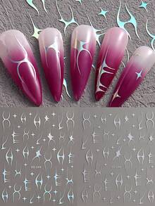 2 件装银线美甲贴纸激光银色星星鱼骨纹理抽象不对称线条设计图案 Y2K 美甲装饰自粘式美甲贴花 DIY - 彩色 - 查看 2