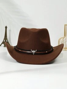 1 pièce Chapeau de cow-boy unisexe décoré d'une tête de bétail, chapeau de style boho cowboy/cowgirl Fedora pour fête et Halloween