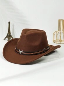 1 pièce Chapeau de cow-boy unisexe décoré d'une tête de bétail, chapeau de style boho cowboy/cowgirl Fedora pour fête et Halloween