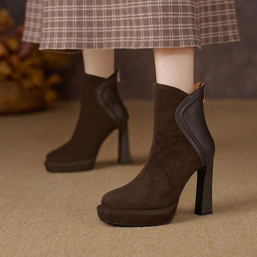 Winter New Fashionable Women Round Toe High Heel Short Boots, Waterproof Platform Thick Sole Ankle Boots - Brown - View 1