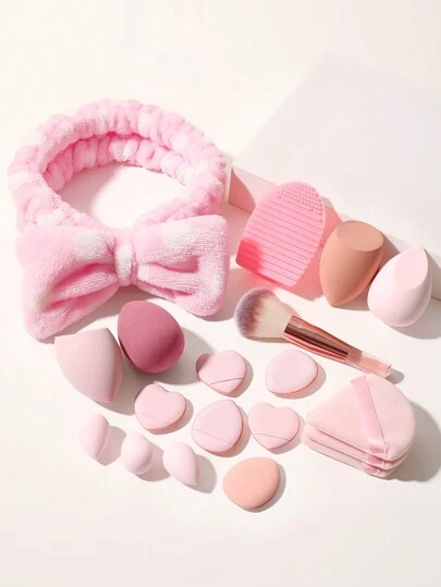 19件/6件/3件化妆工具套装包含：4个液体彩妆海绵、3个迷你化妆海绵、6个遮瑕指套海绵、3个定妆粉扑、1个化妆刷清洁蛋、1个化妆发箍。 化妆品、便宜、房间装饰、梳妆台、旅行、卧室、化妆配件、粉扑、美妆蛋、粉扑、化妆海绵、便宜、圣诞礼物、化妆品、化妆工具、便宜好物、礼物、女士礼物、圣诞礼物