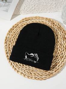 1 pieza Gorro de punto con bordado acrílico de estilo casual de calle, estampado de espina de pescado, para hombre, para pesca, senderismo, esquí y deportes al aire libre, para otoño/invierno, cortaviento y cálido