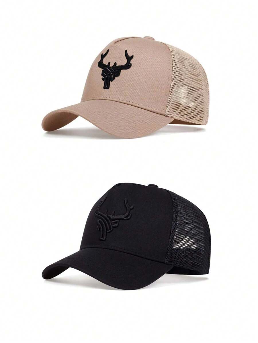 2pcs Men's Deer Head Embroidered Black & Brown Mesh Breathable Baseball Caps