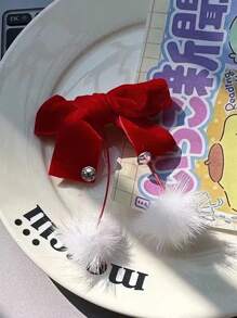 4 件装蝴蝶结发夹小香可爱毛绒发夹双马尾夹头饰，红丝绒蝴蝶结发夹，生日礼物，可爱爱心发夹 - 彩色 - 查看 7