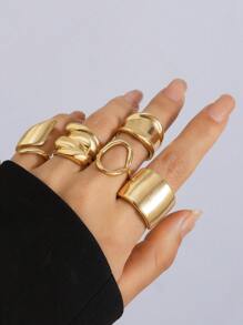 5 件/套复古简约几何空心戒指，不对称抽象液体风格戒指，可调节和可堆叠金色和银色时尚首饰套装，适合女性的日常和节日装饰礼物 - 金黃色 - 查看 12