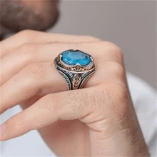 Handmade Vintage Blue Cubic Zirconia Ring - Antique Silver Plated, Fashionable Islamic Jewelry